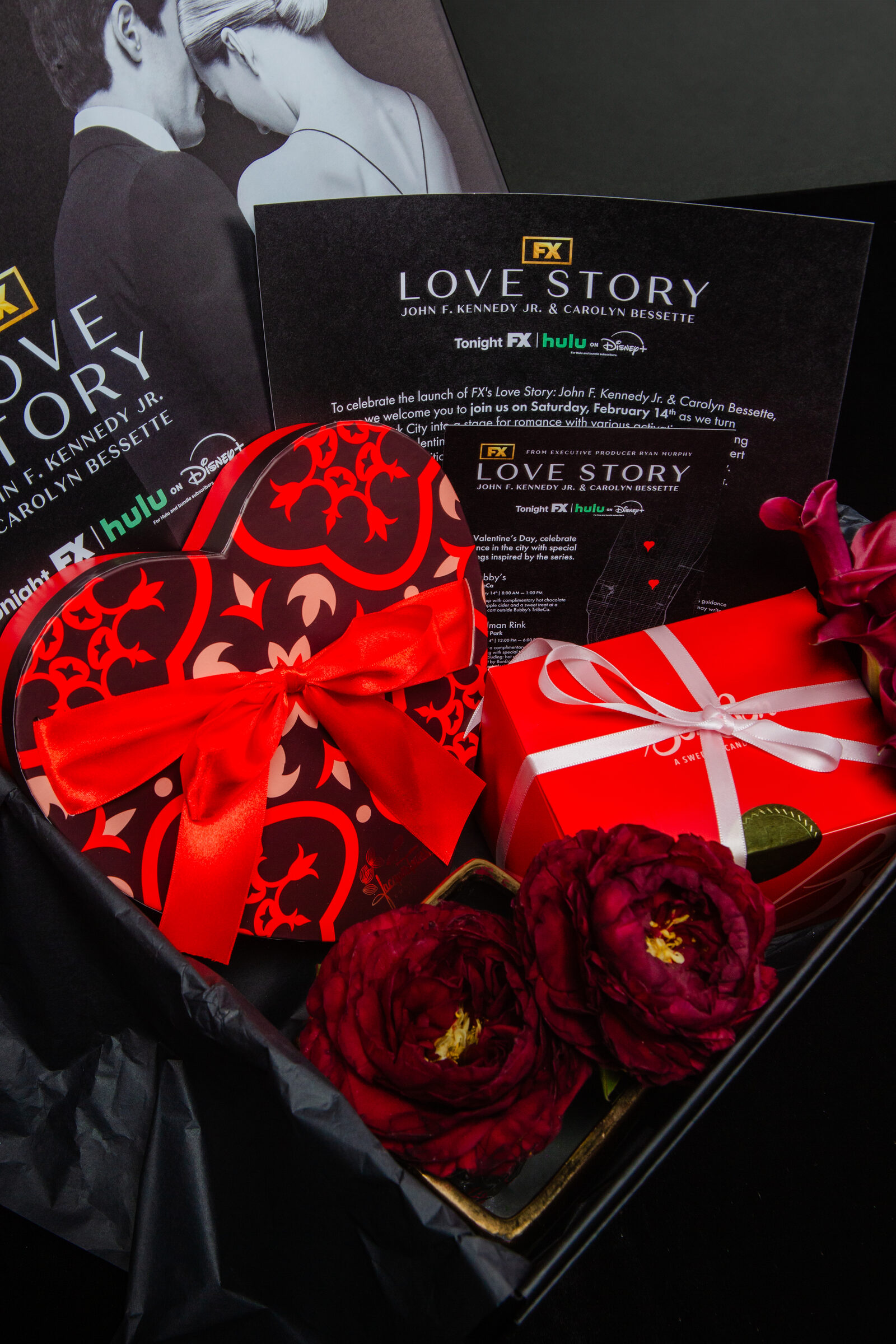 Open FX Love Story creator mailer with flowers, chocolates and printed materials
